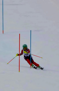 A downhill skier goes through gates