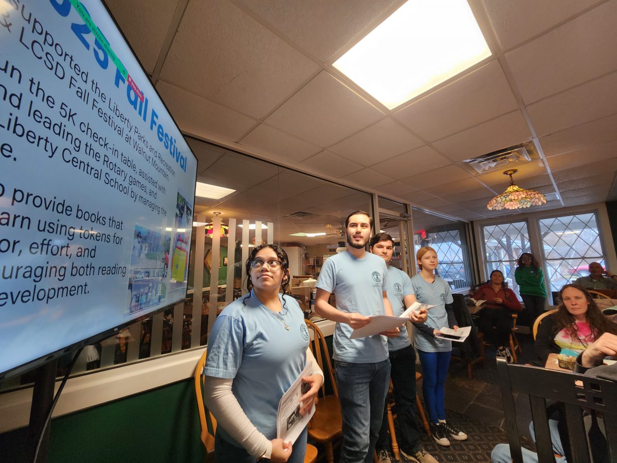 Students look at a screen as they present