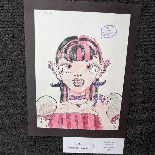 A pink red and black themed drawing of a girl