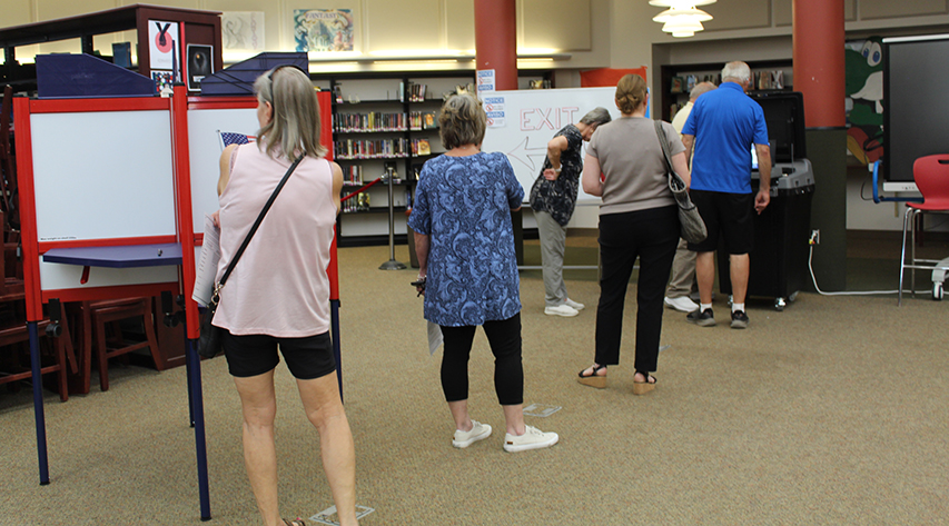 Voters wait to cast their ballots in a library